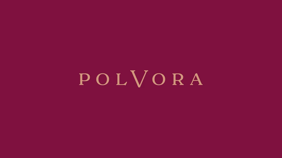 Polvora Podcast logo: the word Polvora in tan serif type on a wine-red background